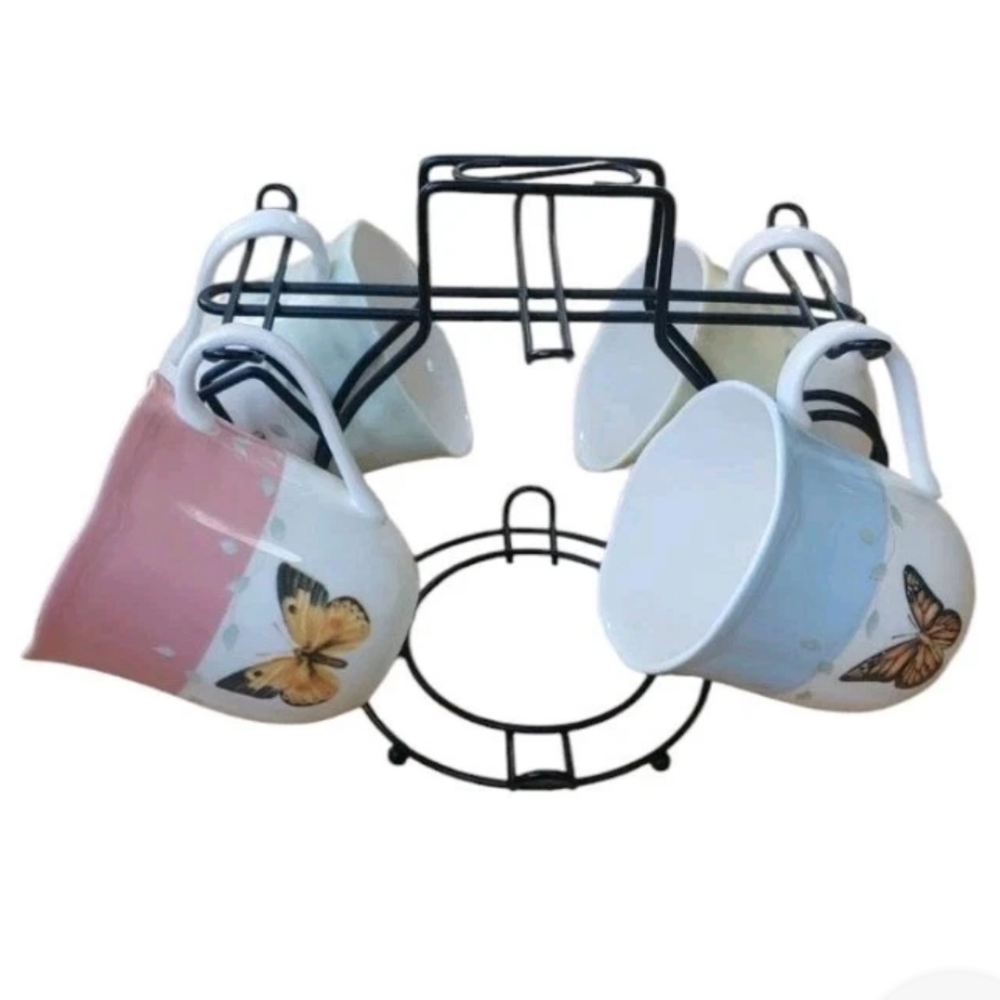 Lenox Butterfly Meadow 4 Ceramic Tea Coffee Cups Wire Rack Teapot Black